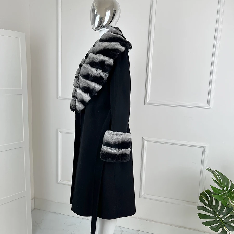 Abrigo de piel auténtica de invierno de Cachemira para mujer, abrigo de piel de conejo Rex auténtica, abrigo largo de piel de Cachemira, ropa nueva de otoño e invierno para mujer