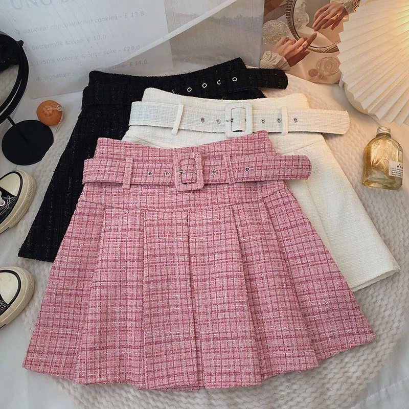 

Tweed Pleated Skirt High Waist Mini Skirts Women Retro Skirts with Belt Autum New Arrivals Skirt Style