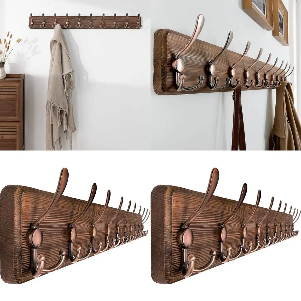 

Деревянная настенная вешалка для одежды в деревенском стиле с 10 крючками, длина 38,6 см, коричневый и ретро-красный цвета.