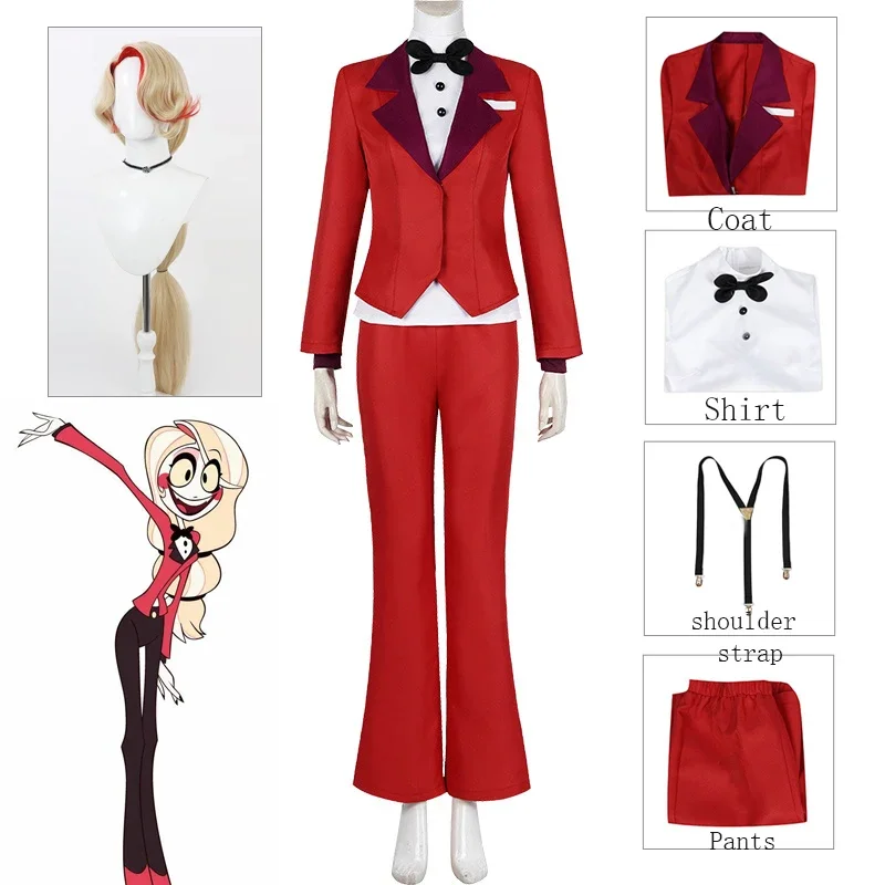 Em estoque S-3XL charlotte morningstar cosplay feminino anime hotel cosplay traje peruca uniforme vermelho roupa de festa de halloween para mulher