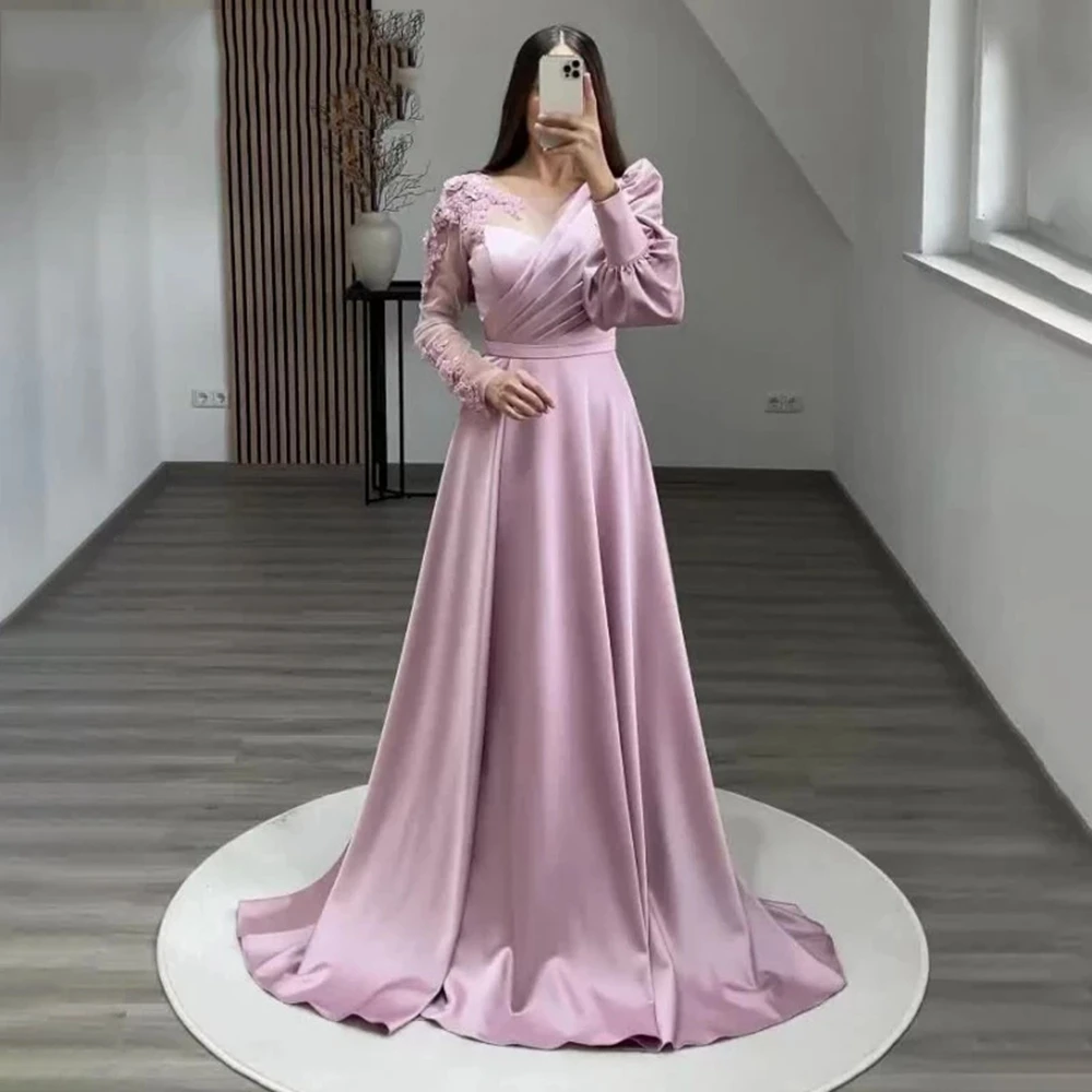 Maßge schneiderte Saudi-Arabien Ballkleider lange Ärmel Satin Perlen Applikationen Falten Robe de Bal Frauen Abschluss ball formelle Kleid Vestidos