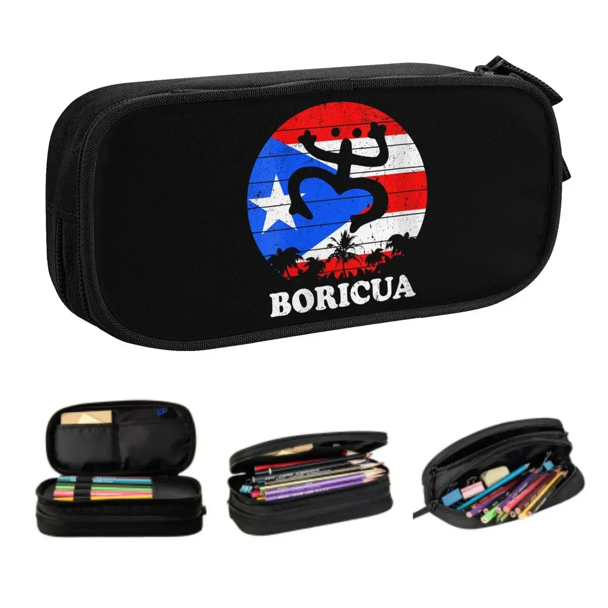 Custom Boricua Puerto Rico Flag Taino Coqui Symbol School Pencil Case Boys Large Storage Pencil Bag Pouch Students Stationery