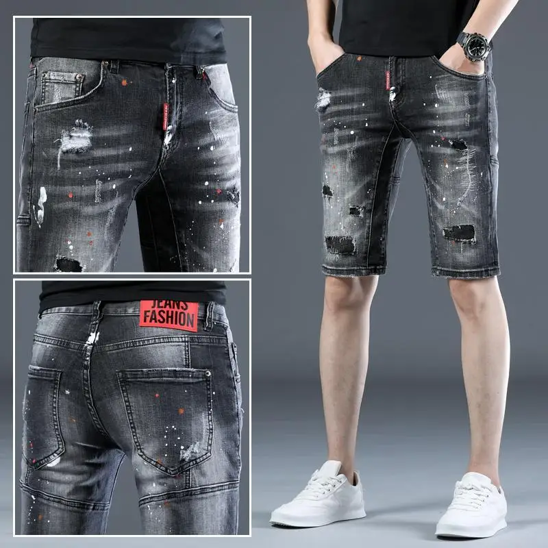 Original Men Jeans Ripped Denim Shorts Men's Summer Trend Straight Short Pants Ink Printed Shaved Beggar Black Half Shorts