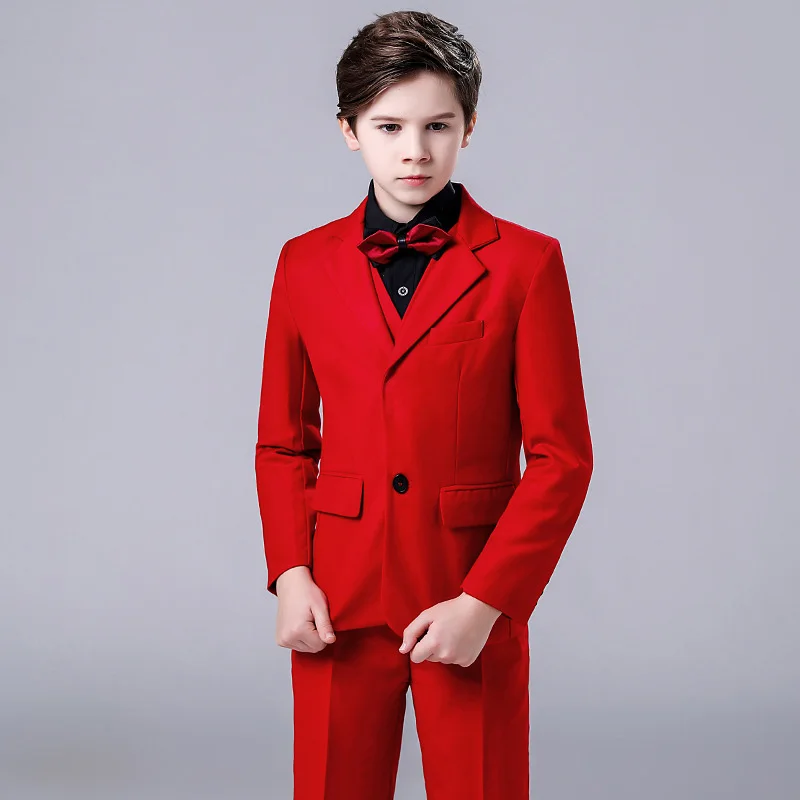 Flower Boys Red Wedding Suit Kids Party Photograph Set Teenager Formal Birthday Tuxedo Dress Children Graduation Show Costume