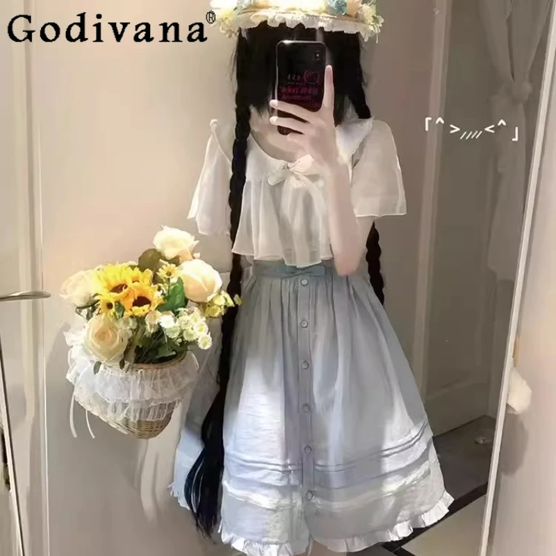 

Japanese Style Cute Lolita Dress for Women White Sweet Bowknot Lovely Short Dress Female Summer Princess Bow Fairy Dress