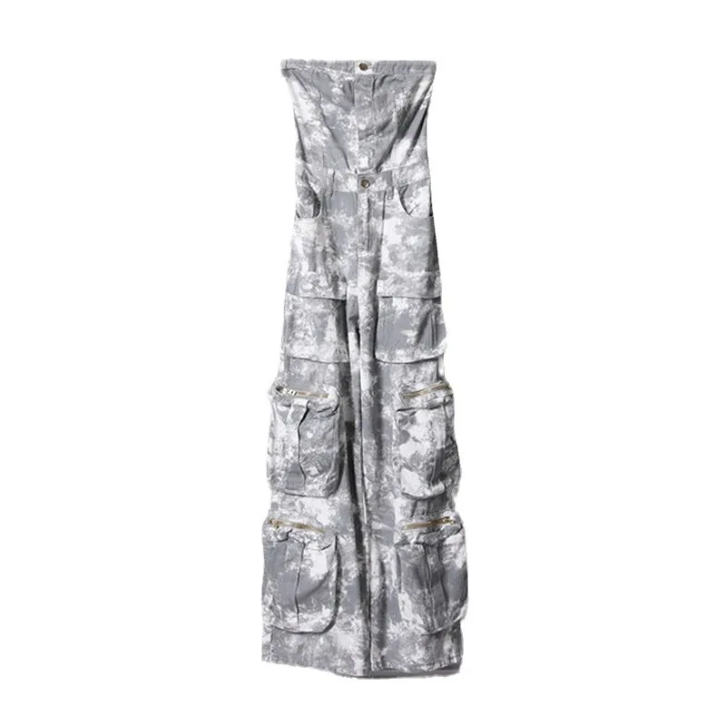 Strapless Camouflage Printing Women Jumpsuit Multiple Pockets Tight Waist Pants Graceful Sleeveless Trousers New Design In Stock