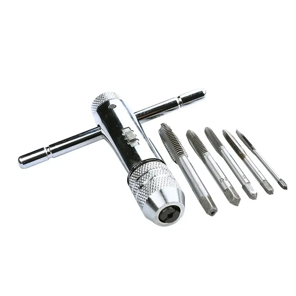 Adjustable T-Handle Ratchet Tap Wrench Machinist Tool with 5pcs M3-M8 3mm-8mm Machine Screw Thread Metric Plug T-shaped Tap