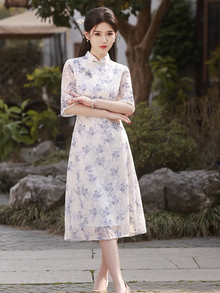 Summer A-Line Cheongsam Vintage Elegant Chiffon Print Floral Qipao Sexy Lace Chinese Style Banquet Dress