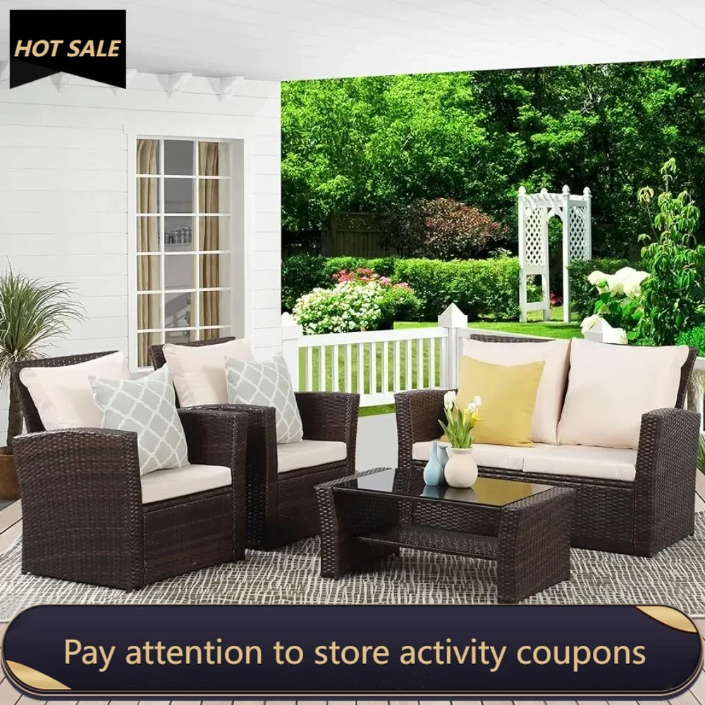 

4 Piece Outdoor Patio Furniture Sets Tourist Chair Camping Wicker Conversation Set for Porch Deck Plastic Chairs Beach Visors