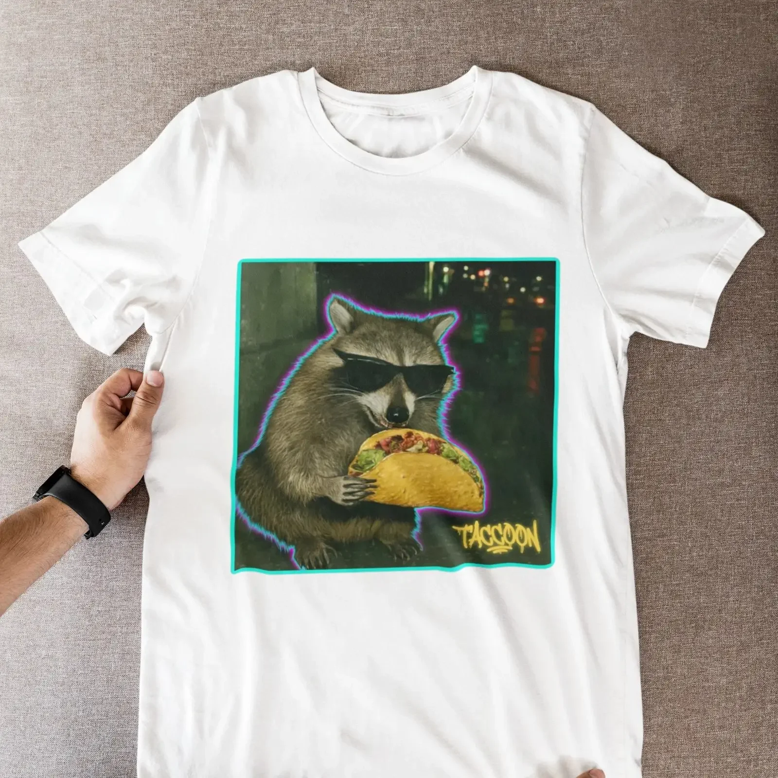 Funny raccoon taco sunglasses trash panda graphic tee gift vintage Washed streetwear Stylish Slightly Unisex designer clothes