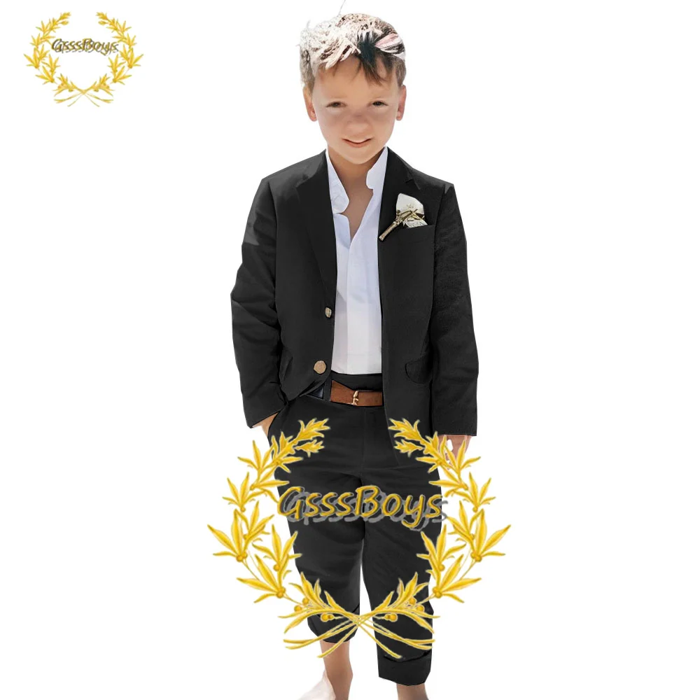 Boy Suit Wedding Tuxedo Linen Blazer Pants 2 Piece Summer Beach Party Jacket Fashion Kids Clothes