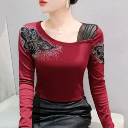 Autumn Winter Long Sleeved Women's T-Shirt Elegant Slim Hot Diamond Hollow Out Mesh Tops M-3XL Clothing