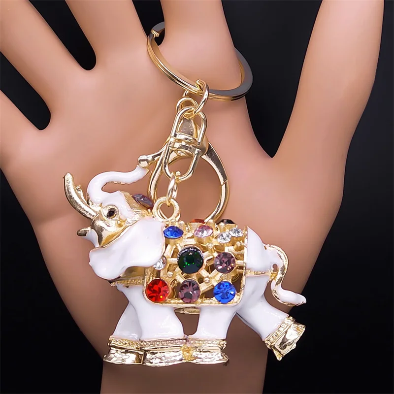 Colorful Crystal Elephant Key Chain for Women Men Ethnic Alloy Rhinestone Bag Accessories Cute Animal Keyrings Car Jewelry K5246