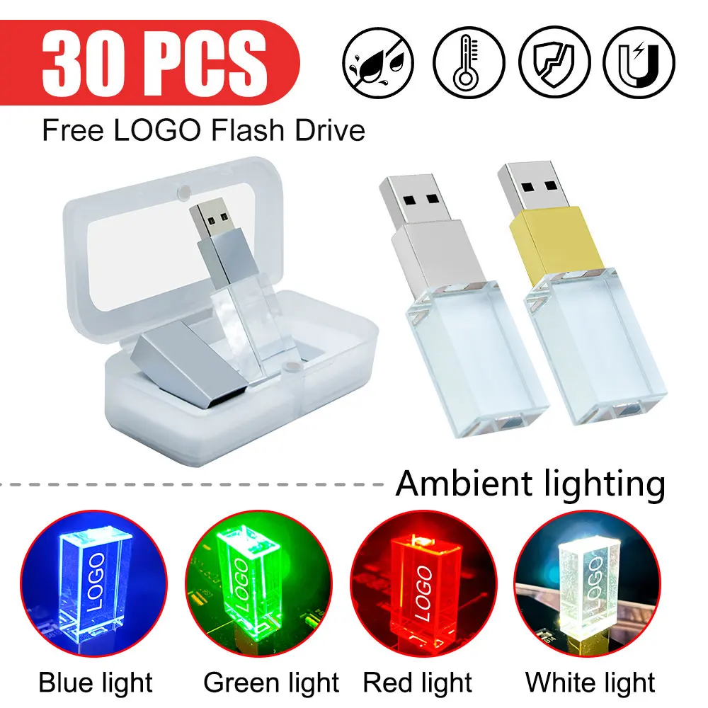 30pcs/lot Crystal USB Flash Drive 128GB 64GB Free LOGO USB 2.0 Memory Stick Pen Drives with Box 8GB 16GB Wedding Gift Pendrive