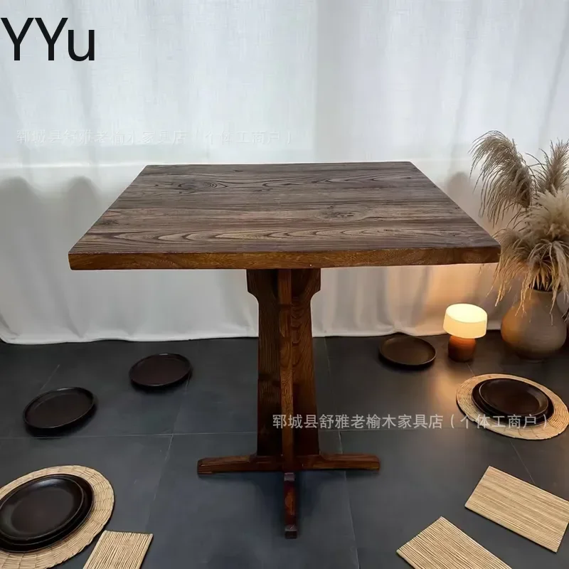 for Wabi Sansi Style Solid Wood Round Coffee Table Old Elm Dining Table for Small Apartment Hotel Restaurant Weathered Double