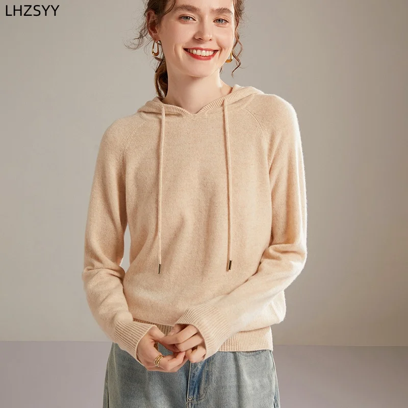 

LHZSYY 100% Pure Goat Cashmere Hoodie Ladies New Hooded Pullover High-End Joker Sweater Loose Knit Blouse Warm Base Shirt Autumn