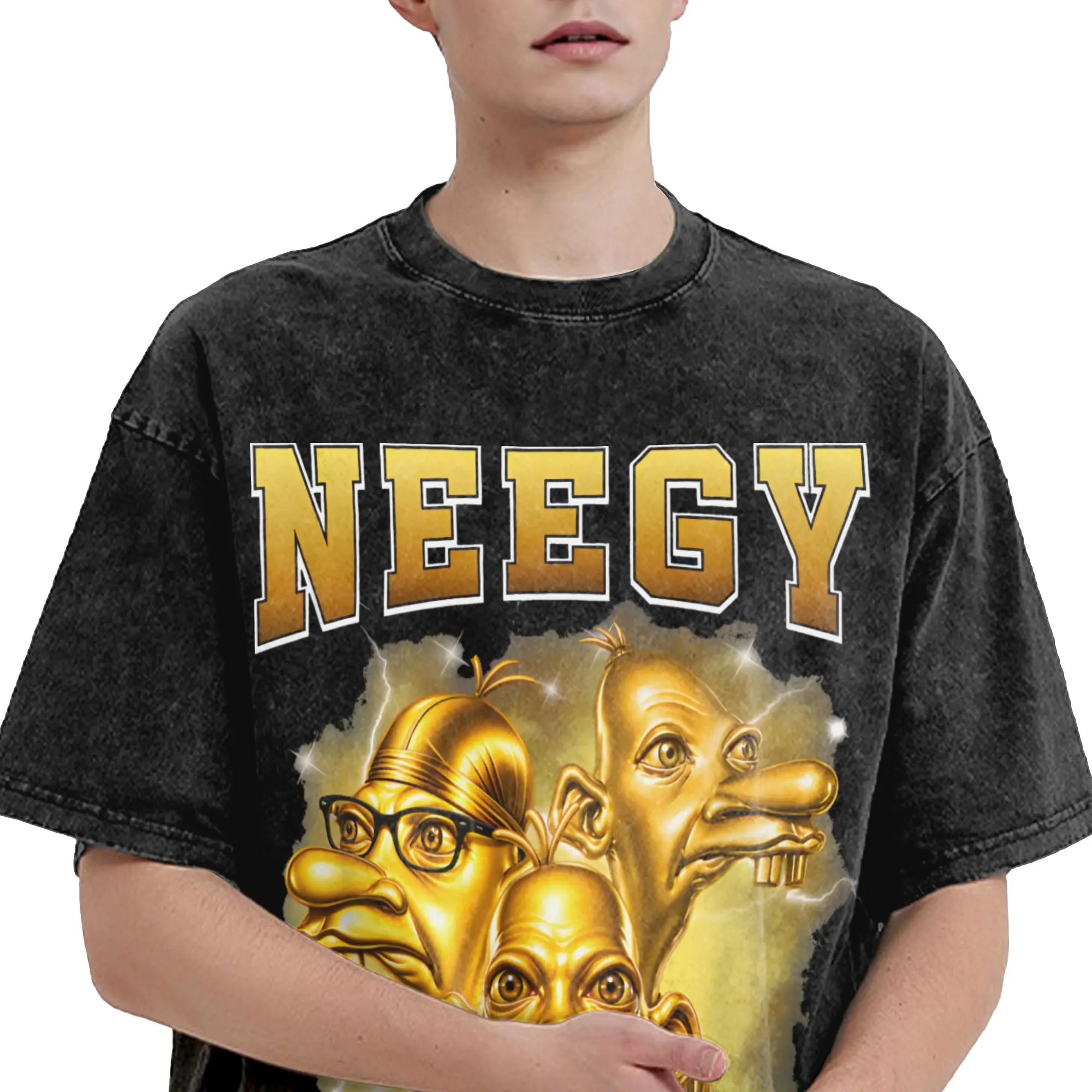 Harajuku Washed Shirt Golden Neegy Meme Funny Internet Brainrot Gen Z Humor Outfit Fashion T-Shirts High Street  Streetwear