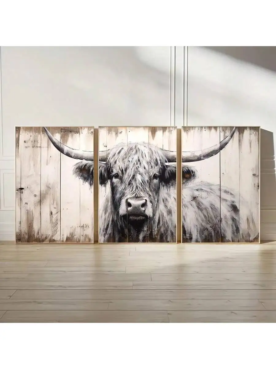 3-Piece Set Highland Cow Canvas Wall Art Prints, No Frame Farmhouse Style Animal Posters, Art Deco Country Living Room Bedroom O