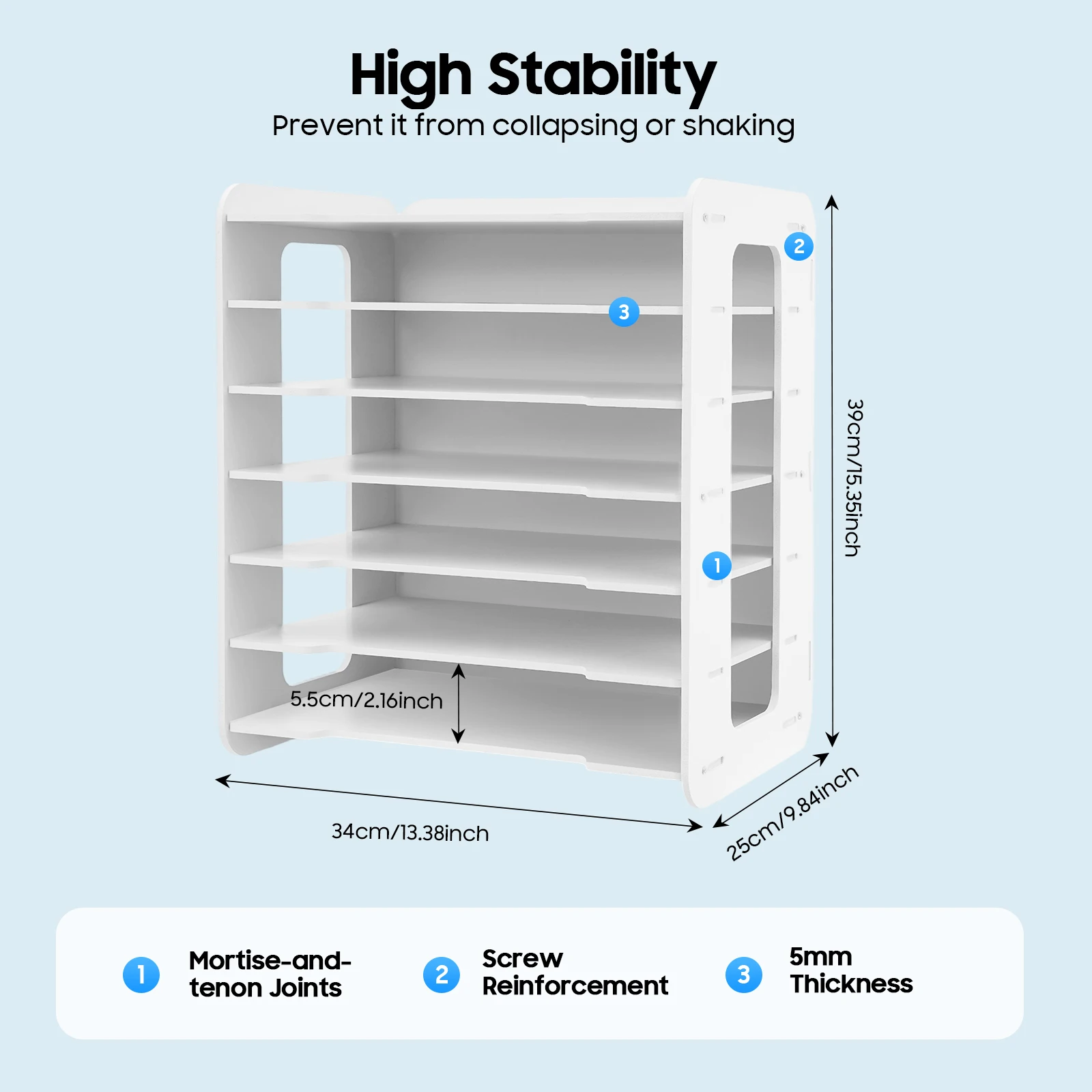 7 Tier Horizontal White File Organizer Space-saving Hollow Side Panels Easy Install for Home Office School Desktop Document Rack