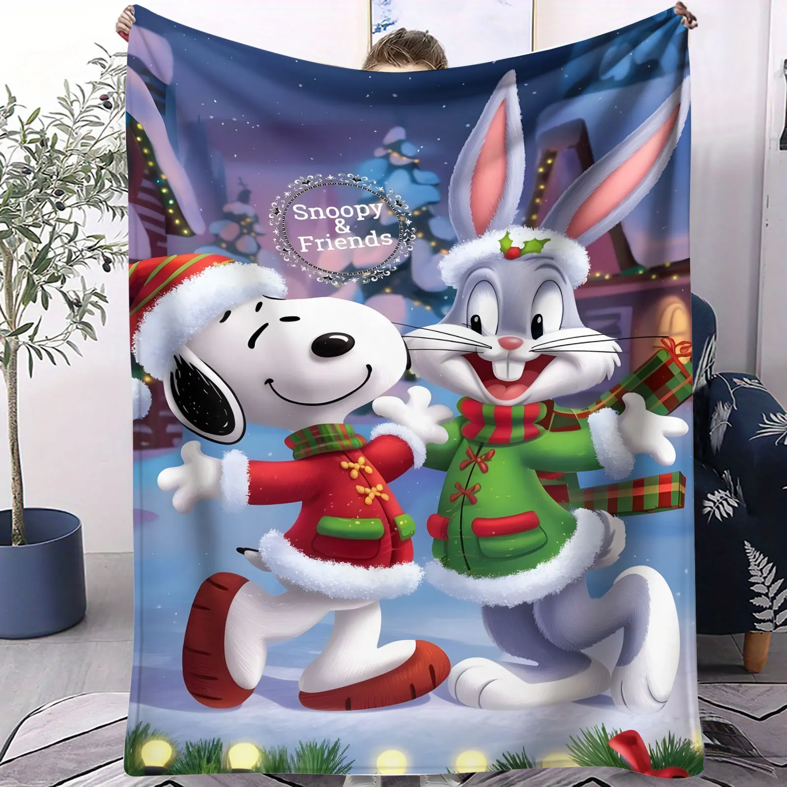 

Cozy Warm Snoopy Bug Bunny Christmas Flannel Blanket Soft Throw for Family Living Teens Room Holiday Spooky Decor Gift Daily Use