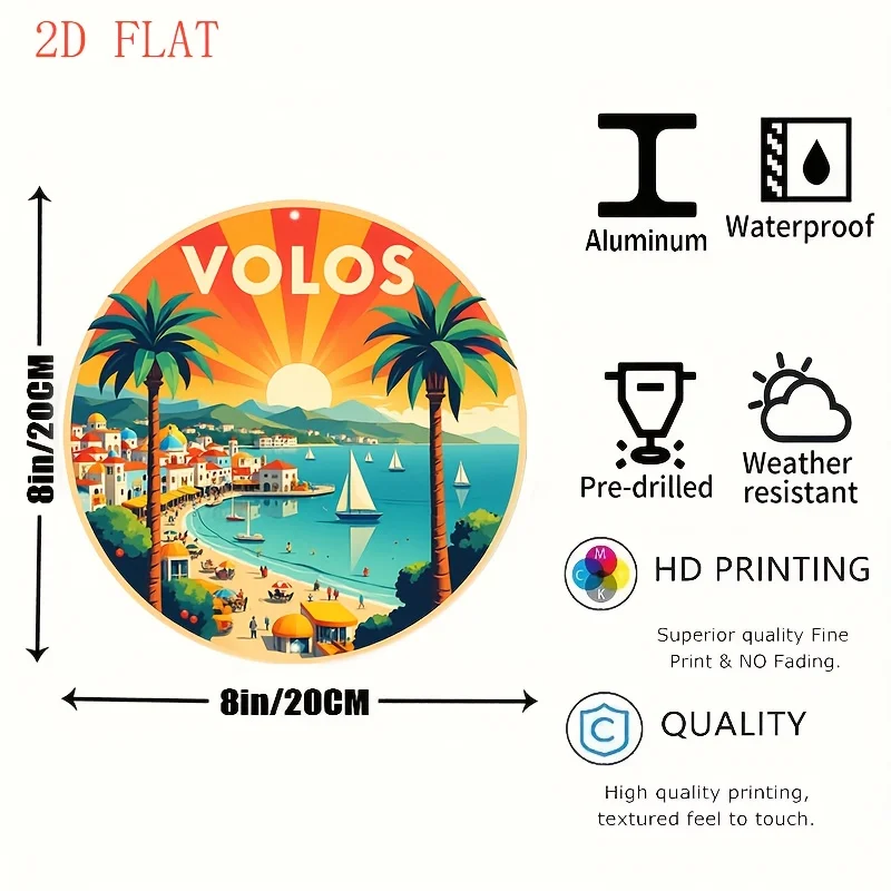 2D Flat, 1pc Greek Mediterranean Volos Beach Sunset Metal Wall Art - 8-Inch Round Coastal Decor with Sailboat, Palm Trees, and 