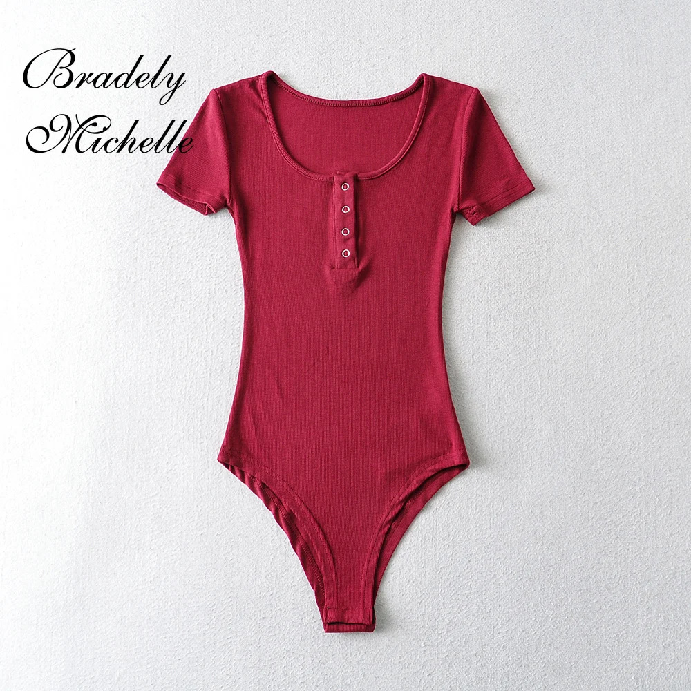 BRADELY MICHELLE Sexy Slim Thin Tops Solid Knit Short Sleeve Bottom Summer Bodysuits Women Summer Rompers