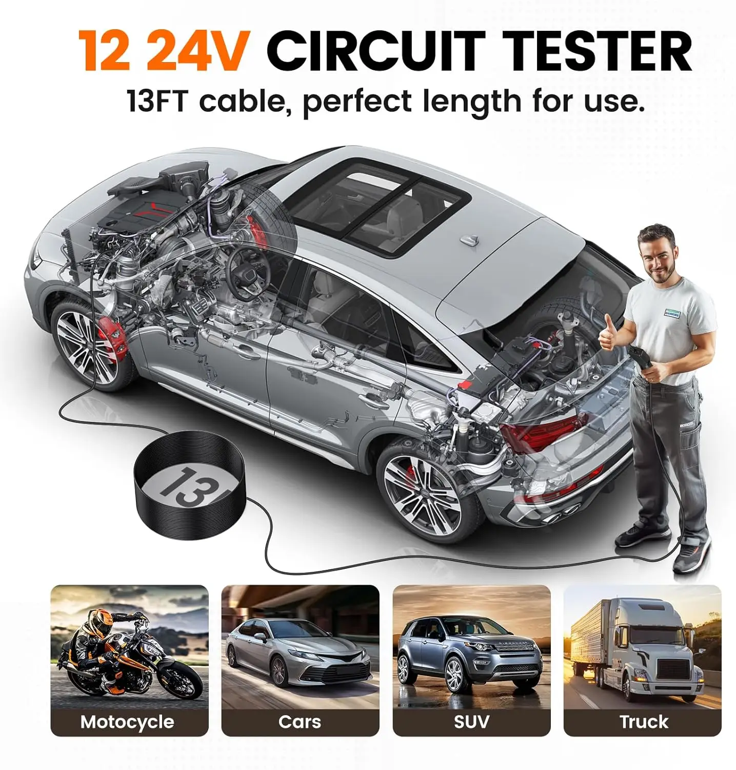 ANCEL PB50 12/24V Car Electric Circuit Tester Resistant Tester AC/DC Voltage Power Circuit Probe Kit Electrical Battery Tester