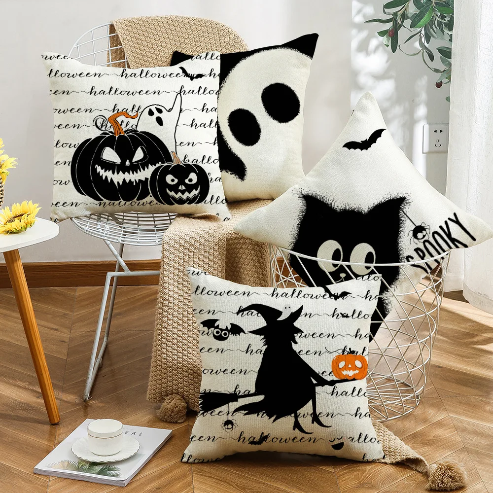 Halloween Decor Pillow Case 45x45 Pillow Cover Funny Pumpkin Ghosts Black Cat Print Cushion Cover Home Decorations Holiday Gifts