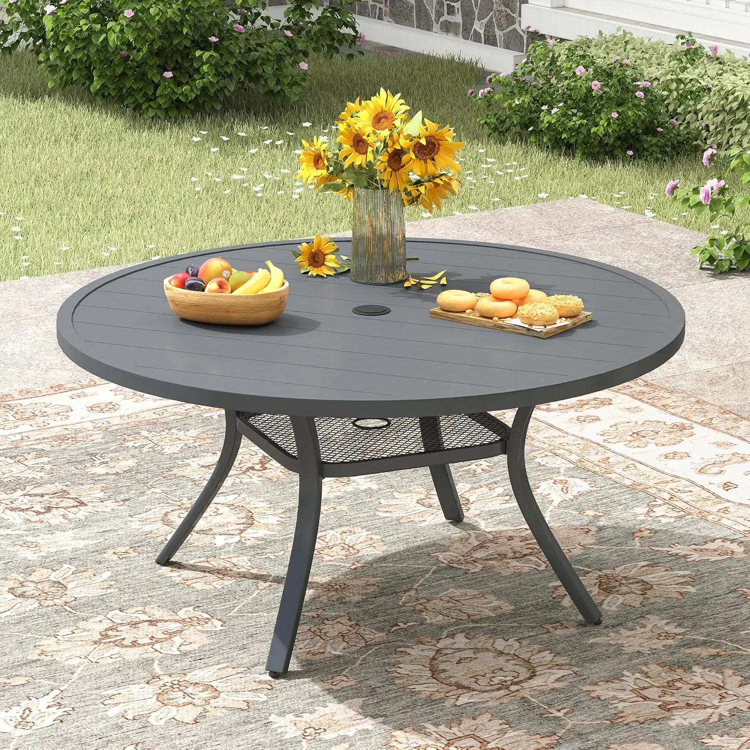 

47.2" Patio Dining Table for 6, Round Outdoor Metal Dining Table with Umbrella Hole for Lawn Garden Backyard, Dark Grey