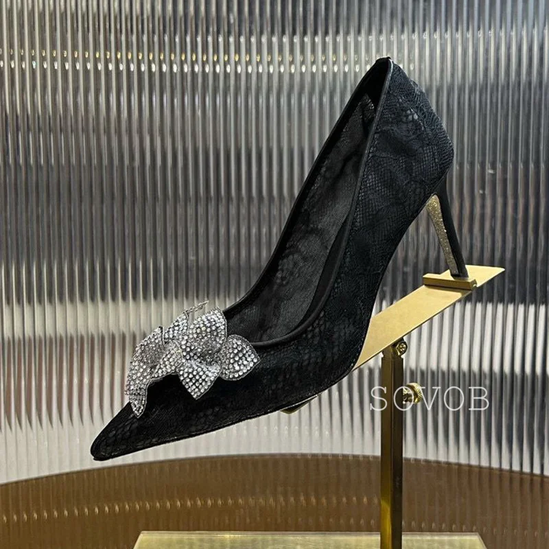 Escarpins pointus à talons hauts en maille transparente pour femmes, talons aiguilles à fleurs en biscuits, chaussures simples, talons fins, sexy, fête de mariage