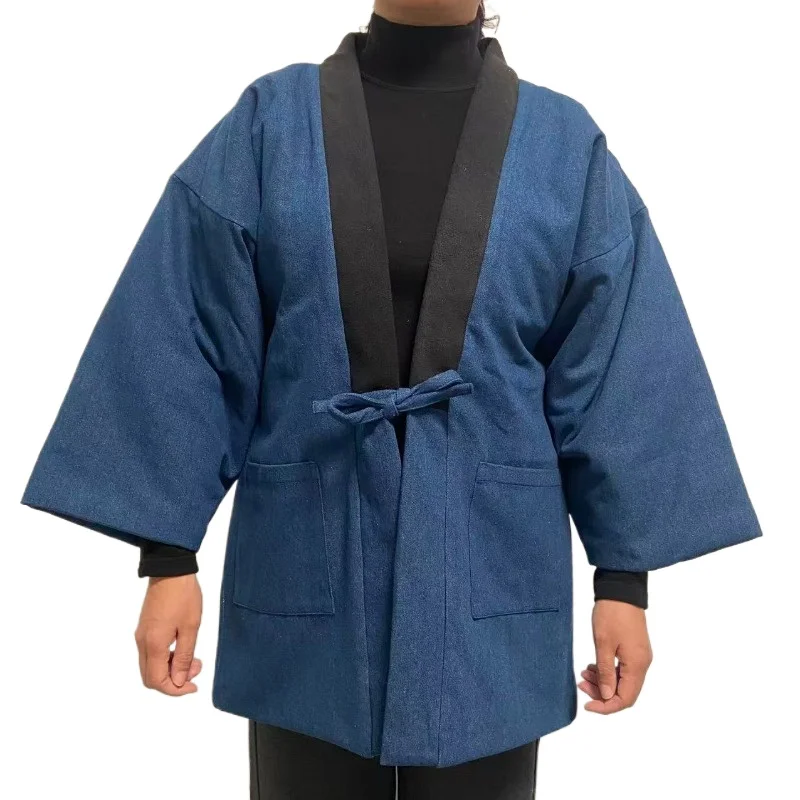 الرجال النساء الدنيم Hanten سترة الشتاء كيمونو سترة النمط الياباني النيلي الأزرق معطف Noragi للجنسين فضفاضة تناسب ملابس العمل أبلى #1