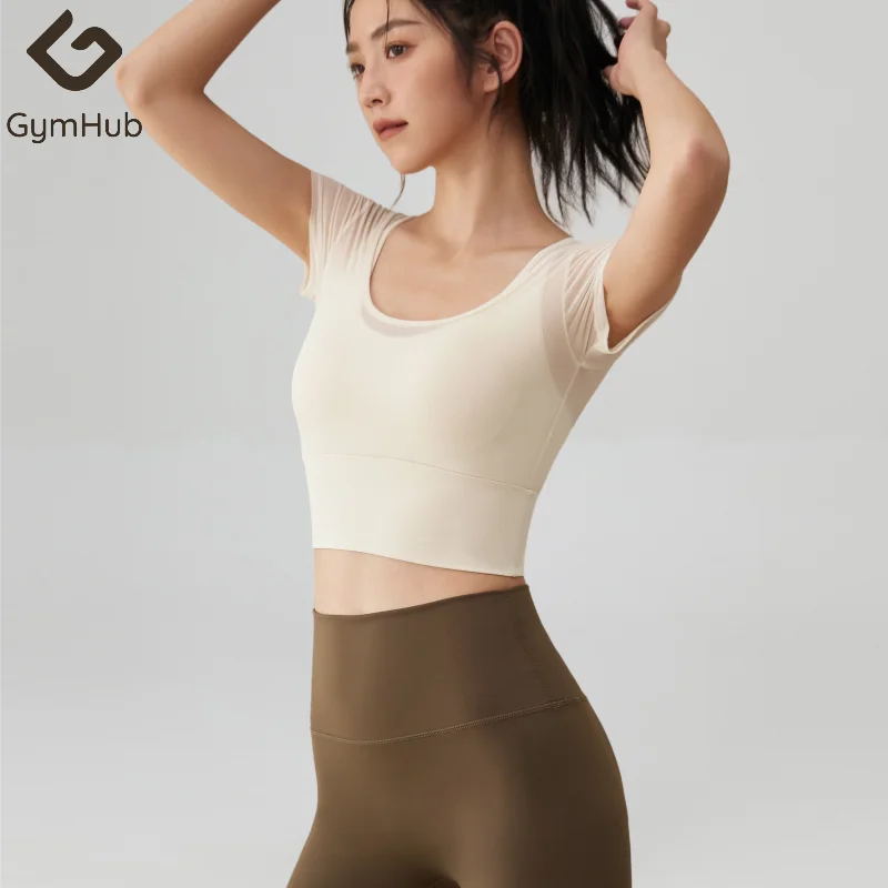 

GymHUB Fake Two-Piece Yoga T-shirts Women Chest Pads Sports Tops Thin Quick-Drying Breathable