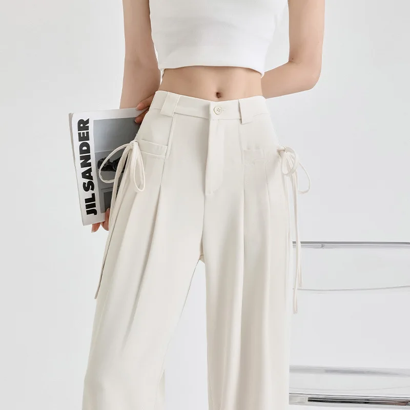Calça casual feminina de cintura alta de perna larga, elegante calça reta, roupa de escritório, monocromática, primavera, outono, moda