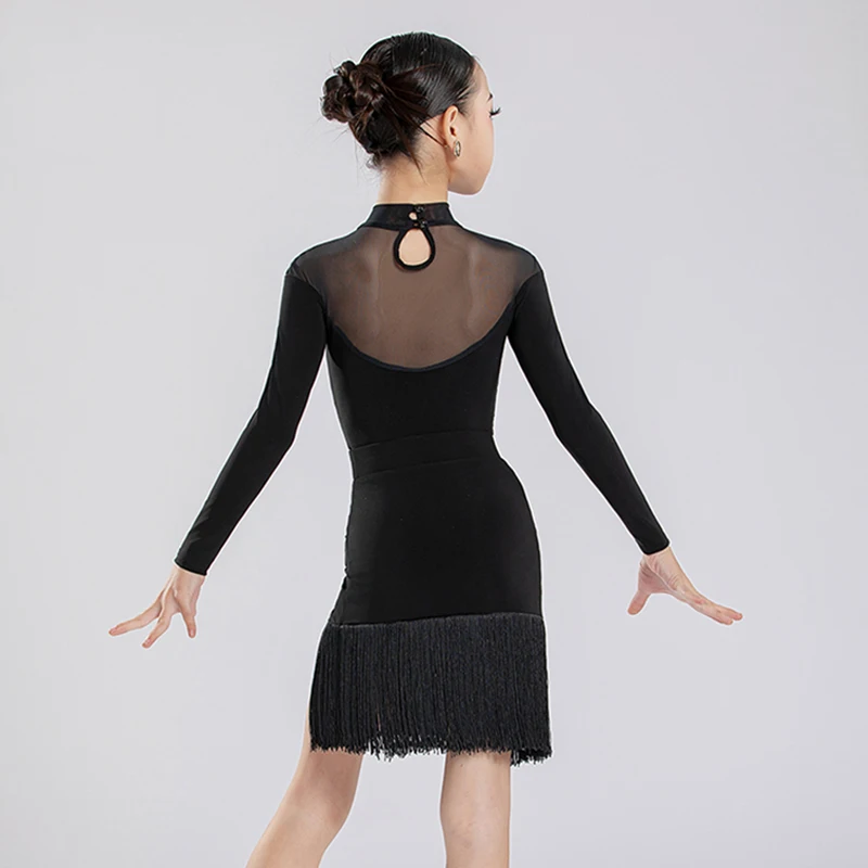 2025 Ragazze Costume da ballo latino Bambini Abbigliamento da prestazione Body a maniche lunghe Gonna con frange Nero Set di pratica latina VDL4778
