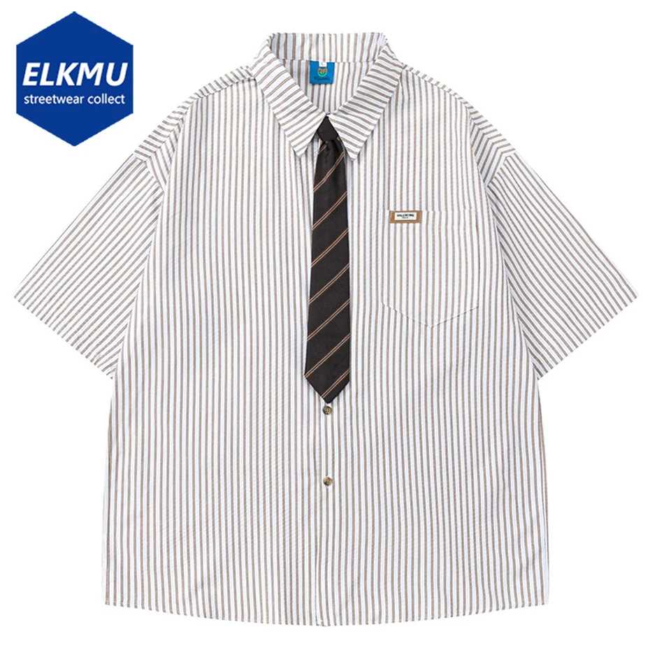 

Japanese Harajuku Vintage Shirts Varsity Style Shirts with Necktie Loose Casual Short Sleeve Button Up Blouse Y2K Shirts