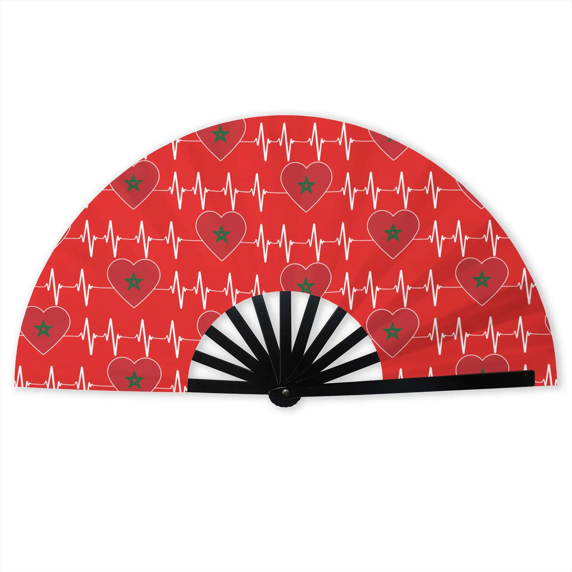 Heartbeat Morocco Country Flag Folding Hand Fan Moroccan Heart Family Polyester Fabric Fan Cool Summer Accessory Decorative Fans