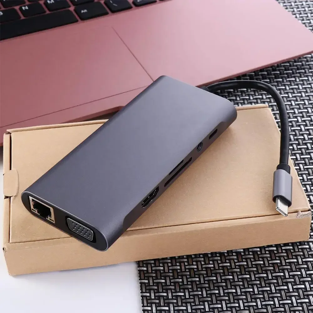 B-M USB para hdtv Tipo-c Docking Station VGA + PD Rj45 Prata Cinza Usb-c 11 em 1 Conector RJ45 DP Modo Alt