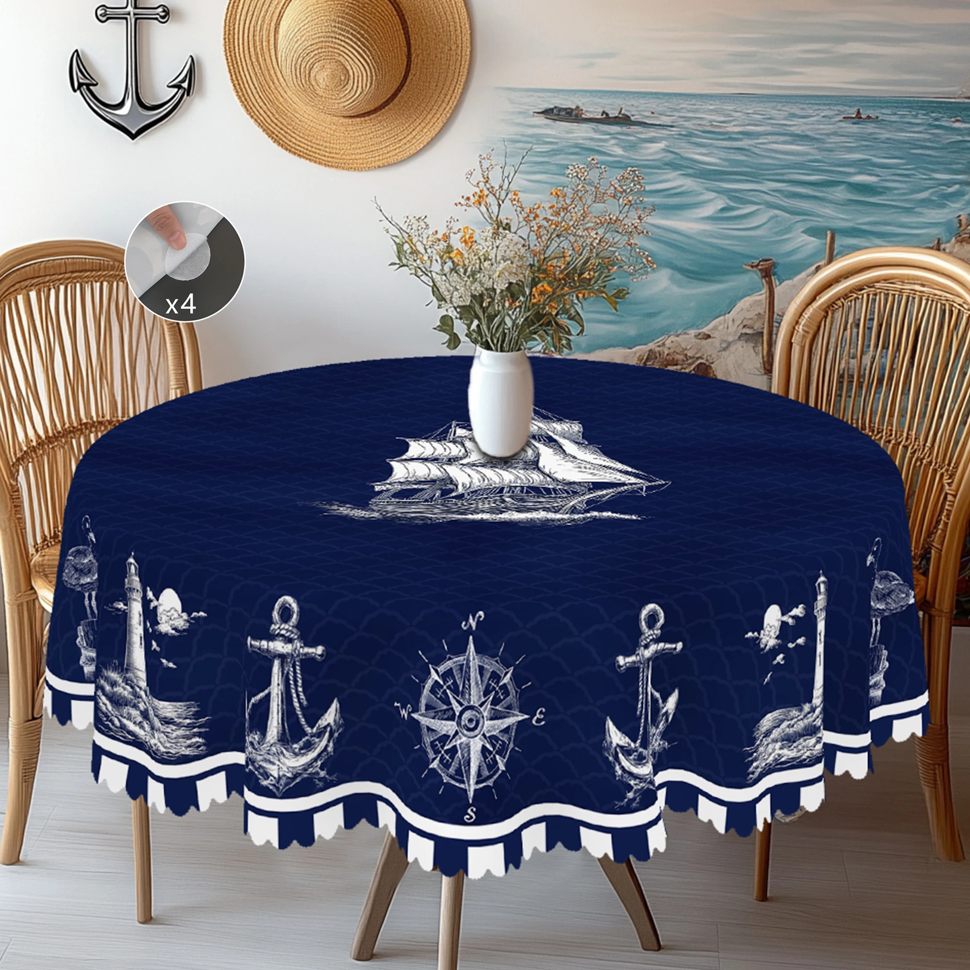 1 Piece Summer Ocean Theme Blue Printed Tablecloth, Farmhouse Style, Anchor, Compass, Lighthouse Pattern Design, Suitable for Spring and Summer Camping Style Picnic, Seaside Birthday Party, Kitchen Accessories, Restaurant Terrace, Indoor and Outdoor Use, Perfect Gift for Friends, Multiple Sizes Available