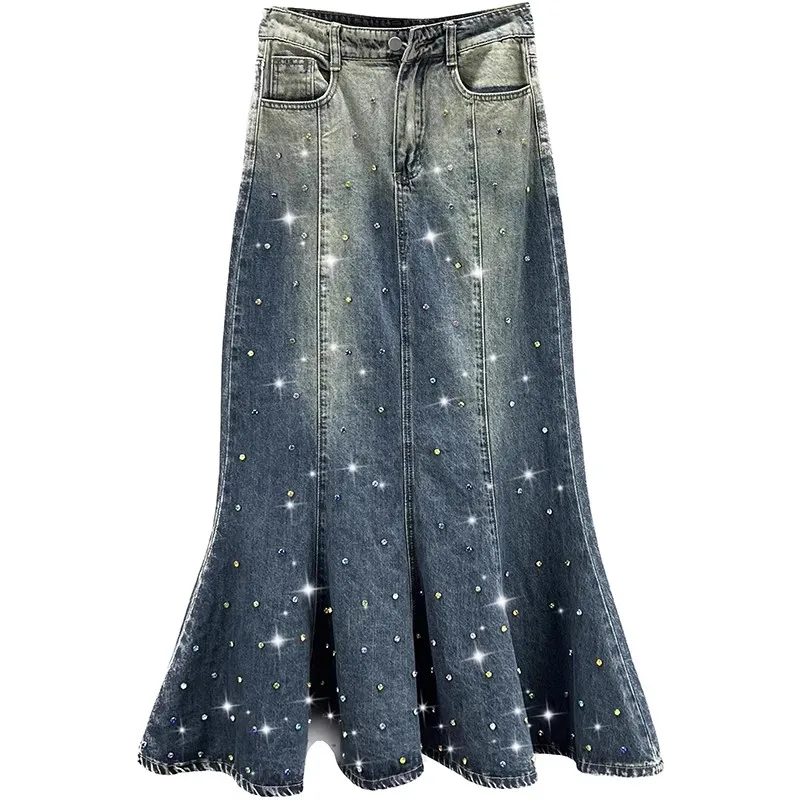 Colorful Diamond Patchwork Denim Fishtail Skirt Women High Waist Slim Bag Hip Mid-Long Mermaid Skirt s716