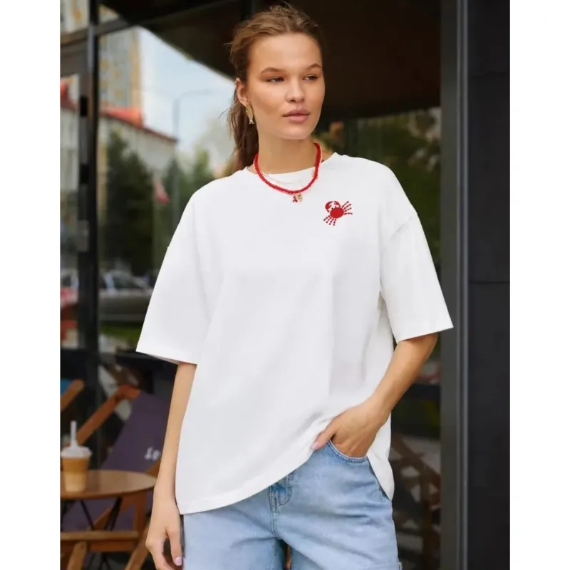 

2026 Women's T-shirts Spring Summer Pure Cotton Cute Print Crab Sea Short Sleeved For Woman Beach Vacation Seaside Women's Tops