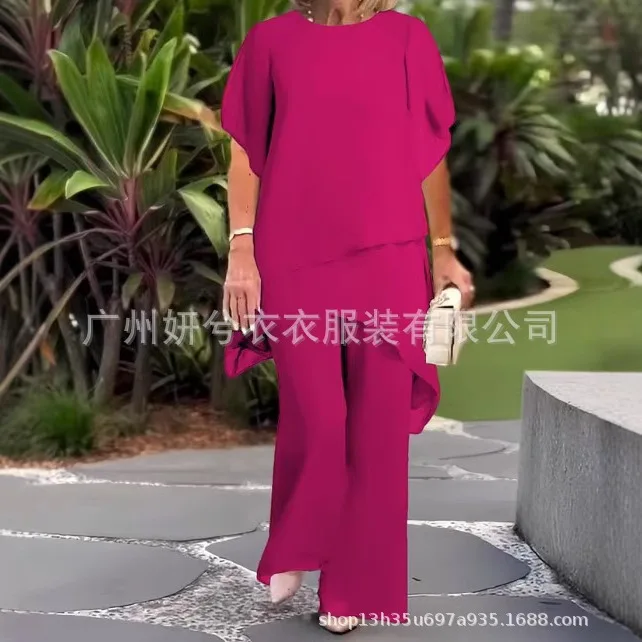 

Women's Pants Set Casual Fashionable Breathable Solid Color Chiffon Round Neck Loose Irregular Top Spring Summer Two-piece Set
