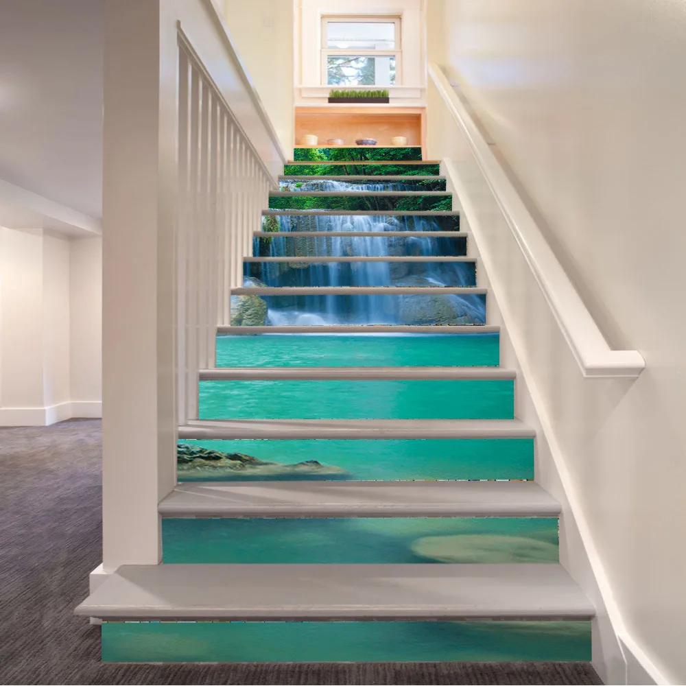 Stair Riser Stickers 13Pcs 100x18cm Forest Waterfall Landscape Self Adhesive Waterproof Vinyl Decals Home Staircase Decor Mural