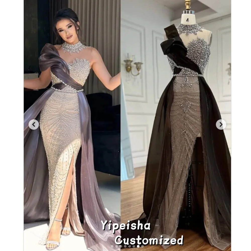 

Вечерние платья с высоким воротом по индивидуальному заказу, кружевные платья с принтом и бисером, русалка с разрезом по бокам, платья для выпускного вечера