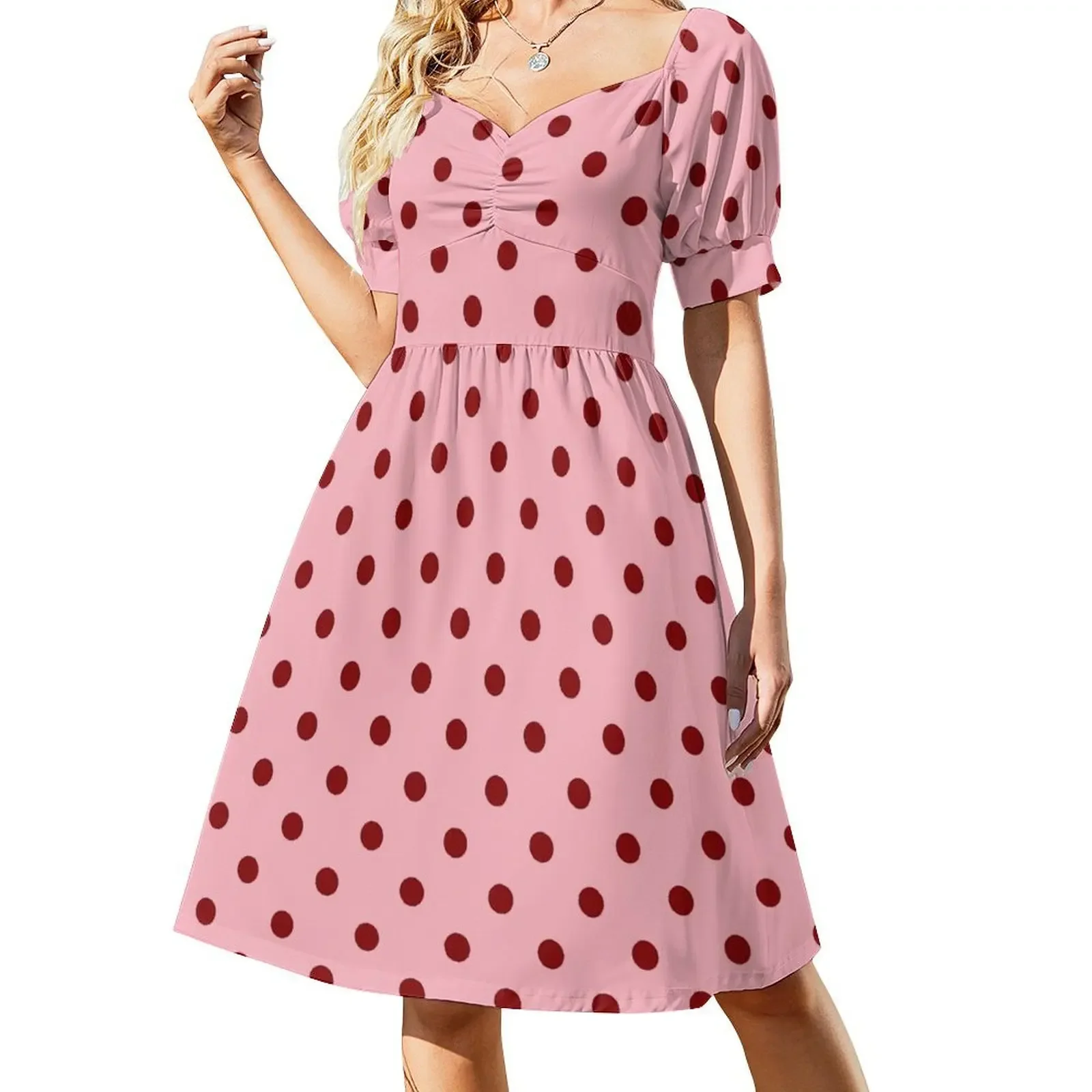 

Medium Dark Red on Pale Pink Polka Dots | Sleeveless Dress Casual dresses evening dress women women dress