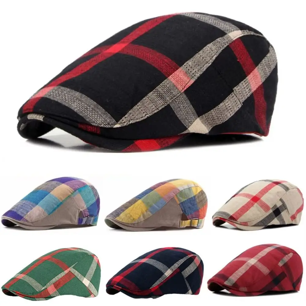 

Unisex Colorful Plaid Berets Button Adjustable Thin Flat Caps Soft Breathable Summer Visor Hat for Men Women