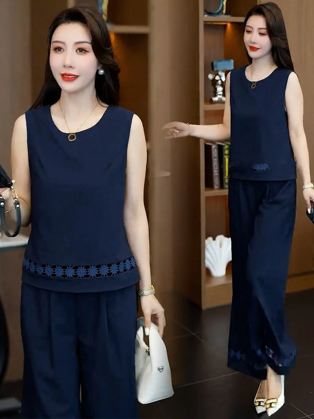 

Elegant Embroidered Casual Women's Set Summer 2026 Slimming Wide Leg Pants Vest Fashionable Heavy Embroidery Two Piece Suit