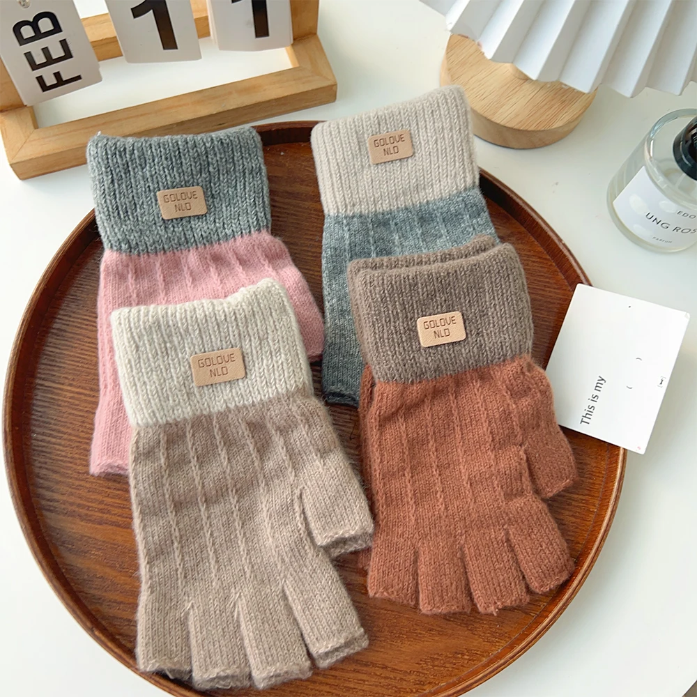 Winter Knitted Fingerless Gloves Half Finger Touchscreen Knitted Thicken Wool Warm Label Thick Elastic Outdoor Driving Gloves