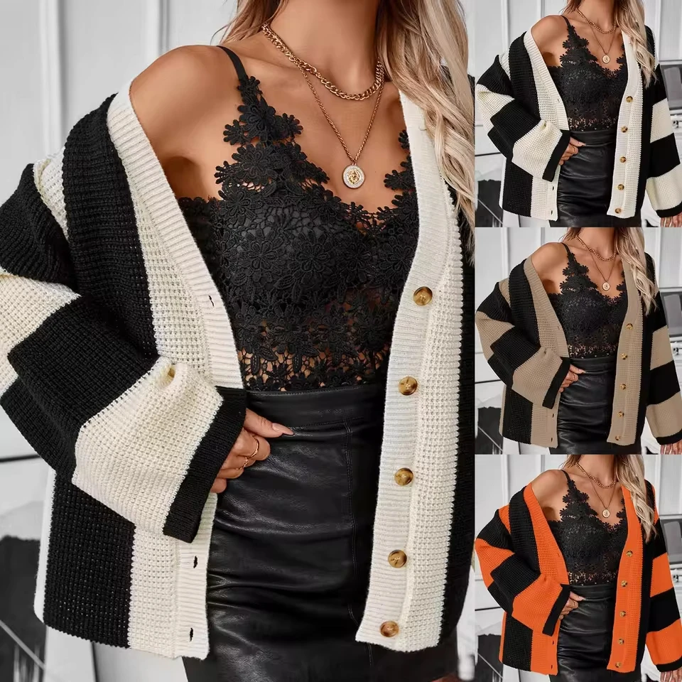 Women'S Long Sleeve Cardigan Sweaters Loose Large Size Button Down Knit Patchwork Color Block 2025 Fall Outwear Women'S Sweater