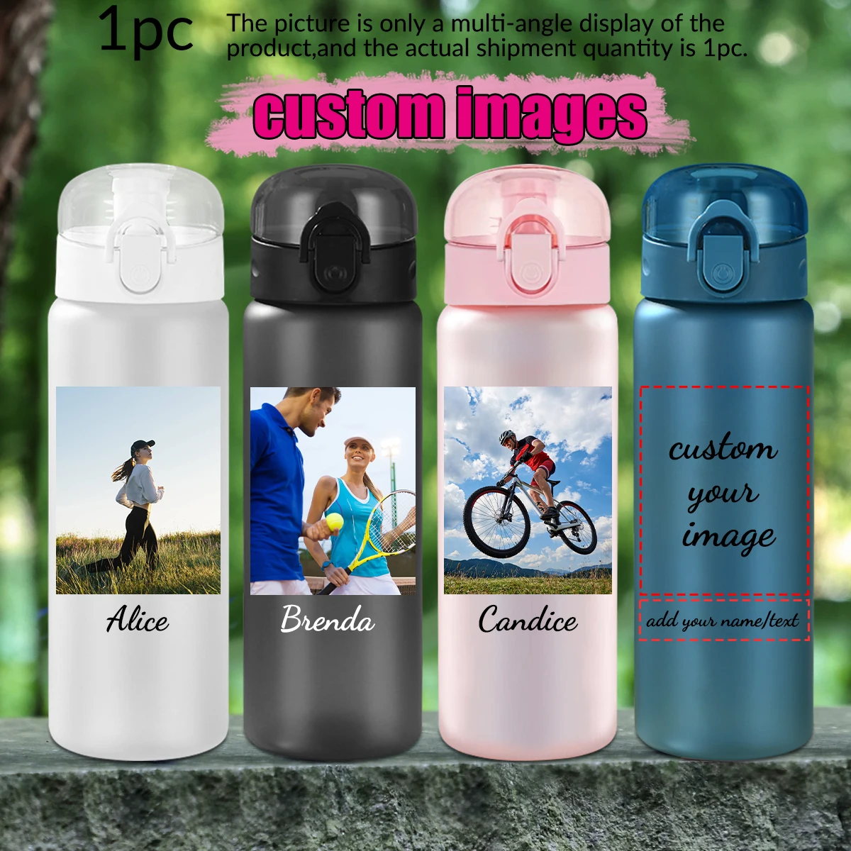 Bouteille d'eau de sport personnalisée, Photo et texte, 780ml/26oz, bouteille d'eau en plastique étanche pour voyage en plein air avec corde, 1 pièce