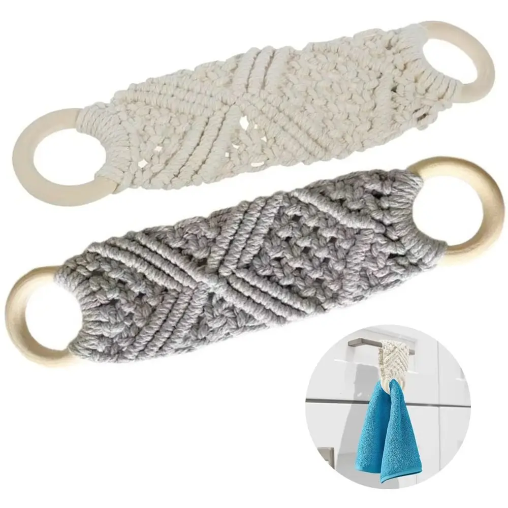 

Hand-woven Dish Towel Holder Boho Style Hanging Crochet Towel Ring Macrame Knit Wooden Loop Towel Storage Rack